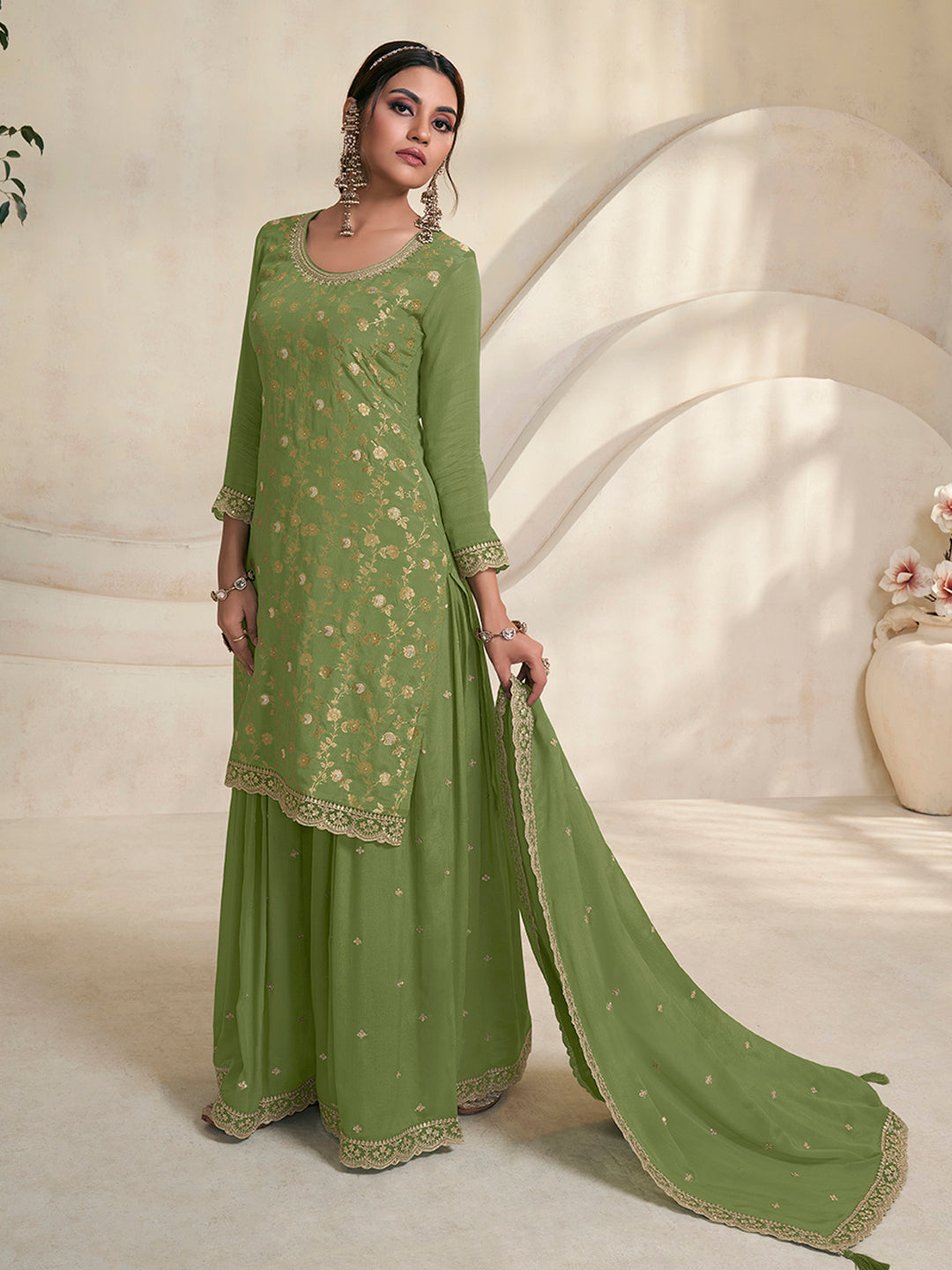 Green Jacquard Embroidered Sharara Suit Set - qivii