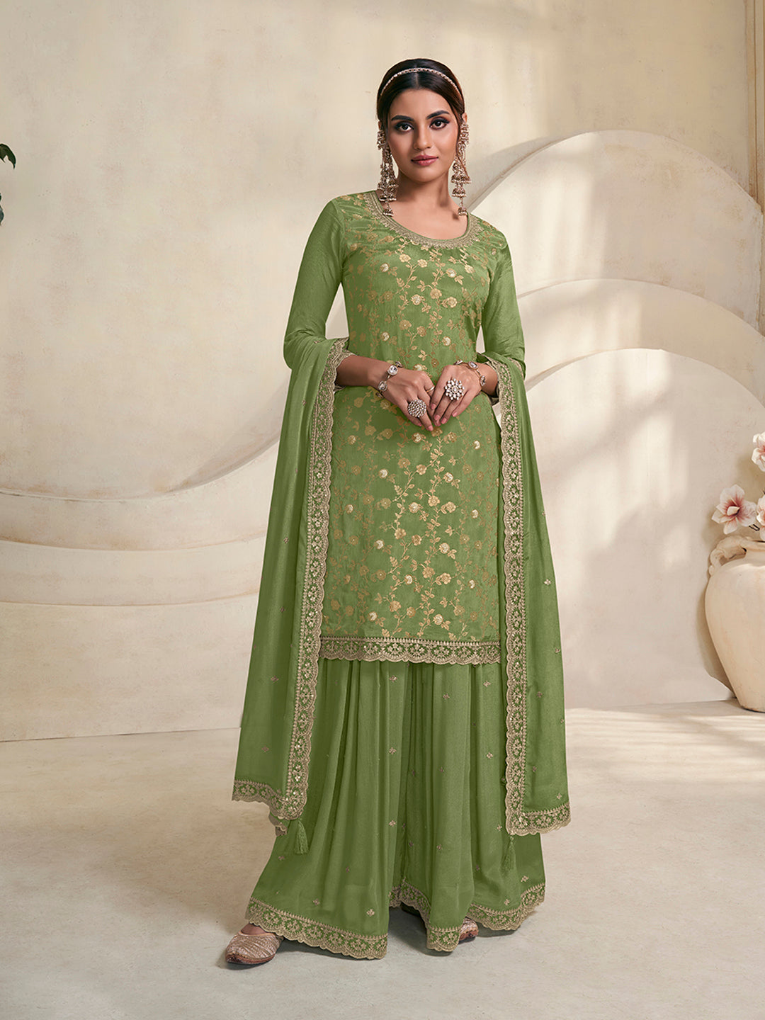 Green Jacquard Embroidered Sharara Suit Set - qivii
