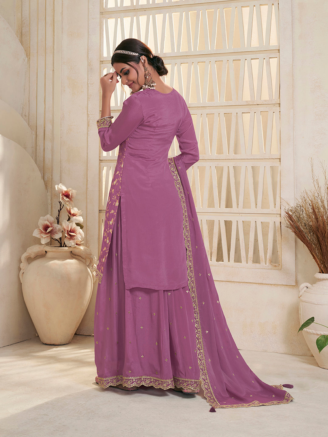 Purple Jacquard Embroidered Sharara Suit Set
