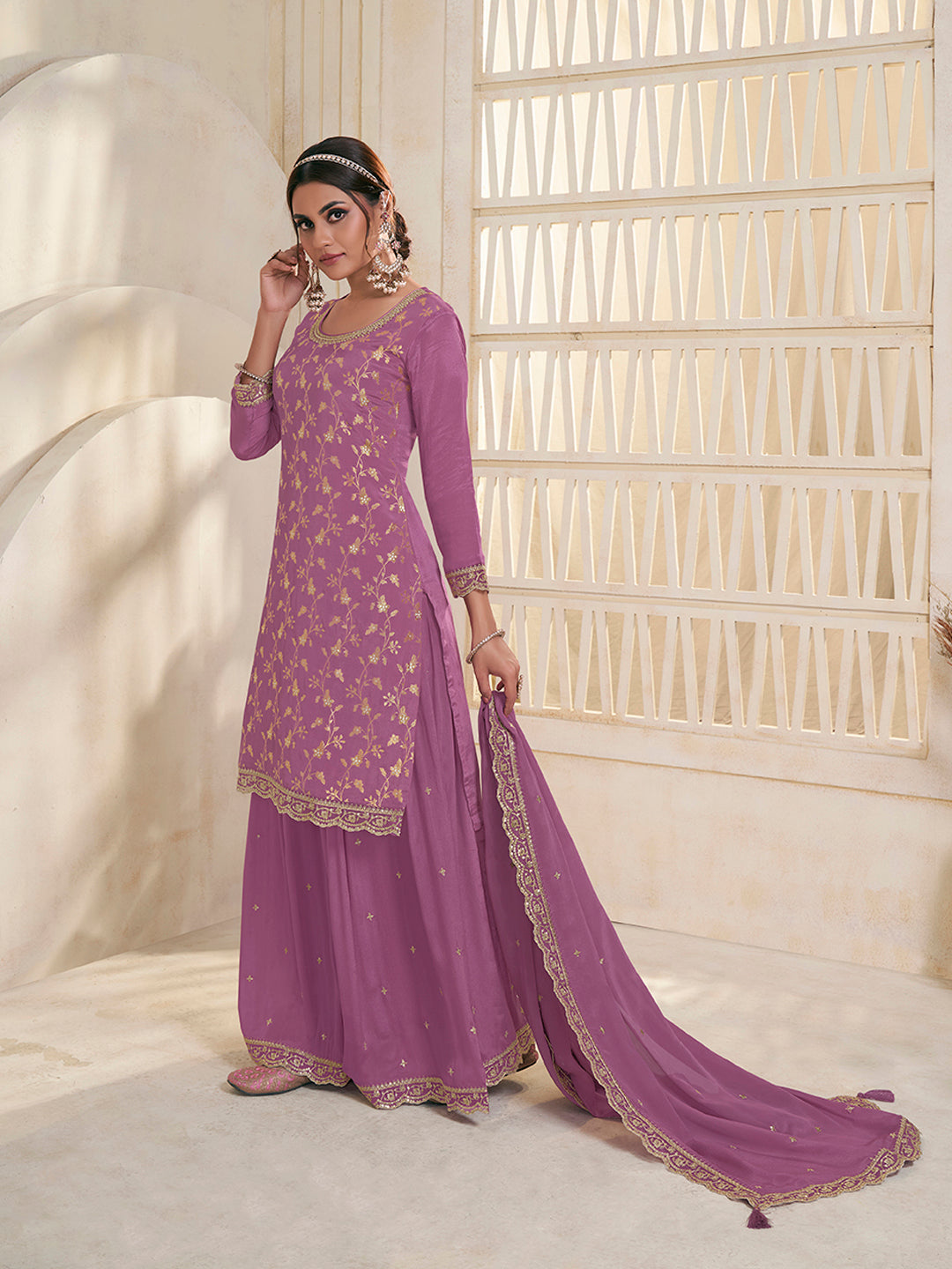 Purple Jacquard Embroidered Sharara Suit Set