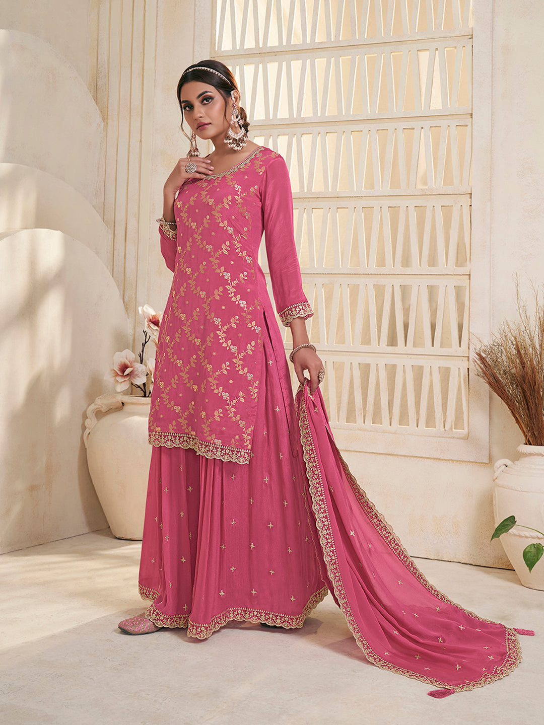 Pink Jacquard Embroidered Sharara Suit Set - qivii