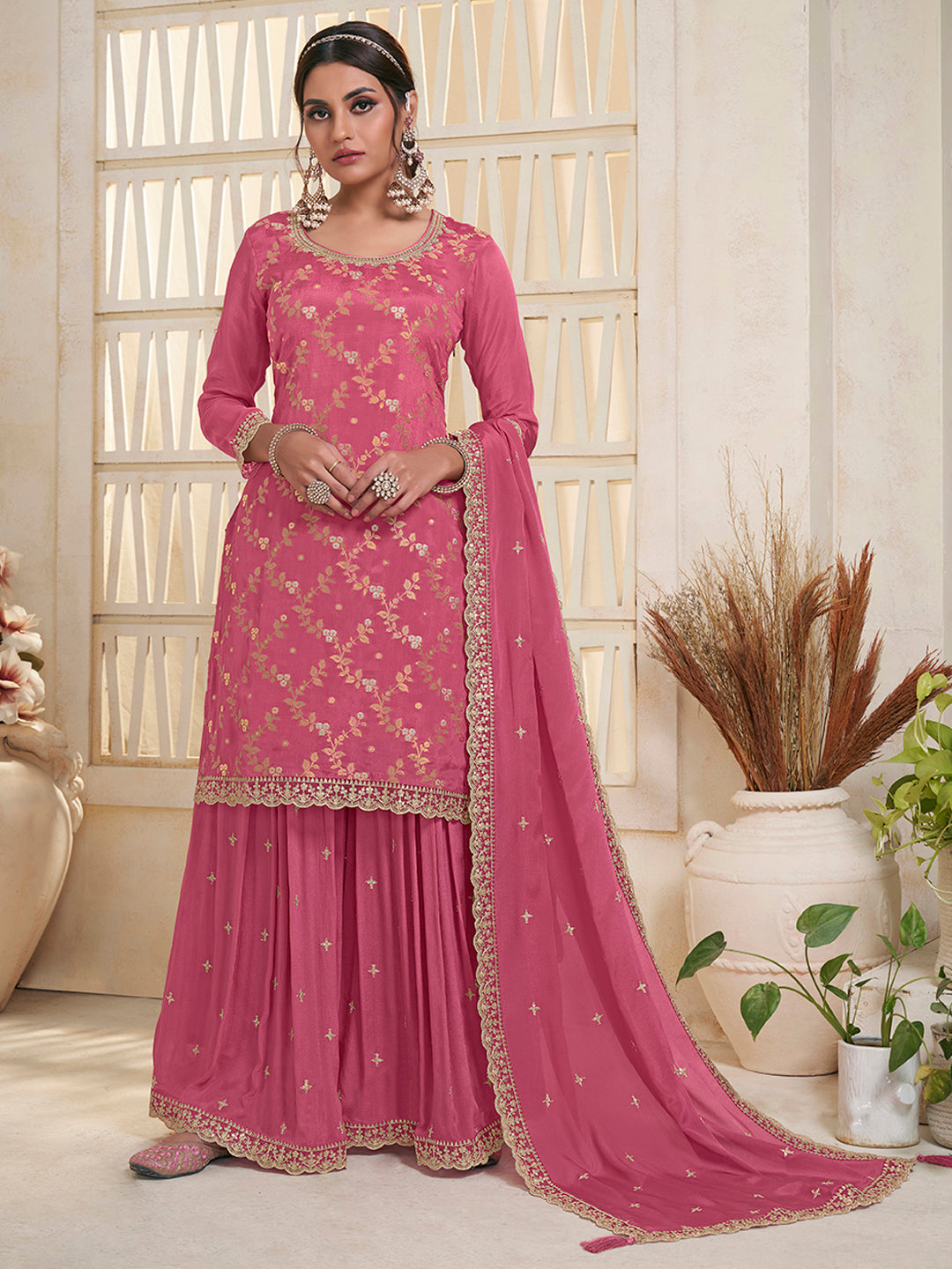 Pink Jacquard Embroidered Sharara Suit Set - qivii