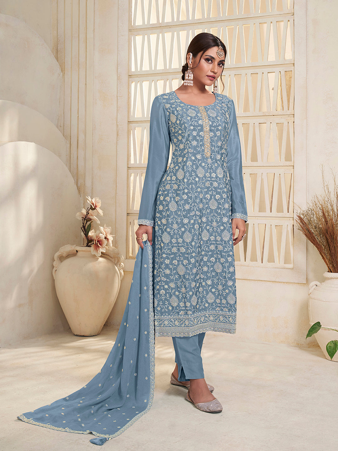 Sky Blue Kurta Set Suit in White Thread Embroidered