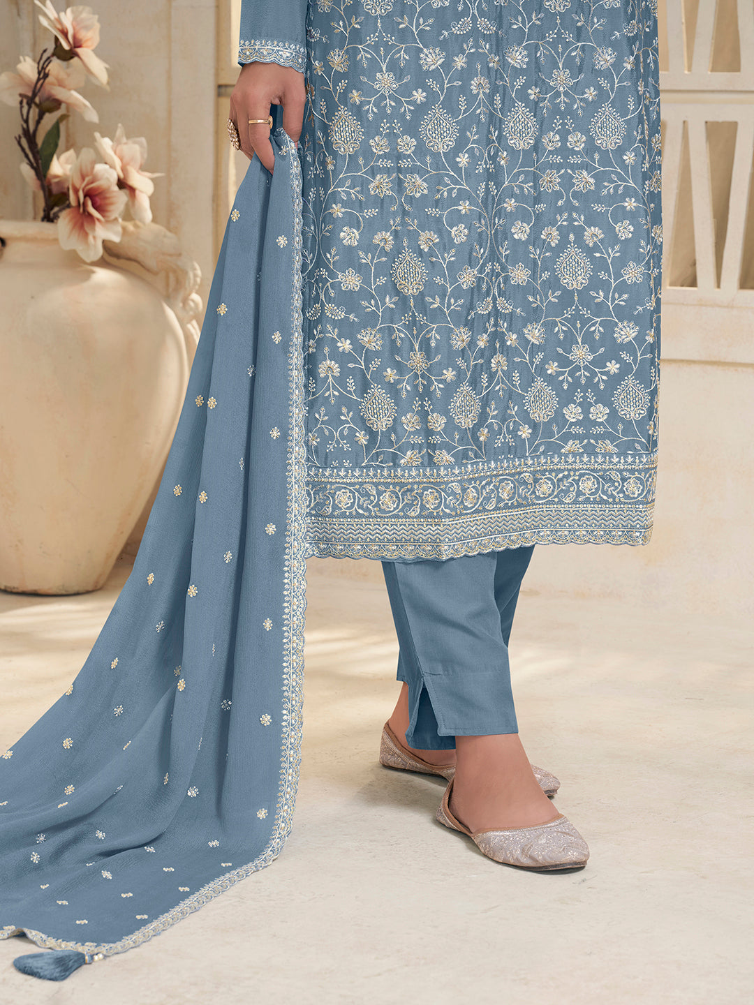 Sky Blue Kurta Set Suit in White Thread Embroidered