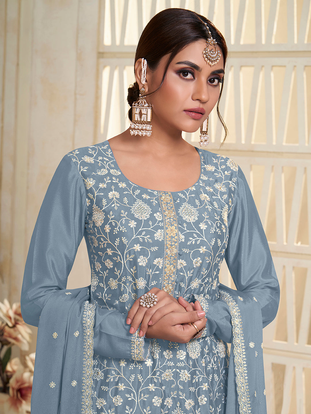 Sky Blue Kurta Set Suit in White Thread Embroidered