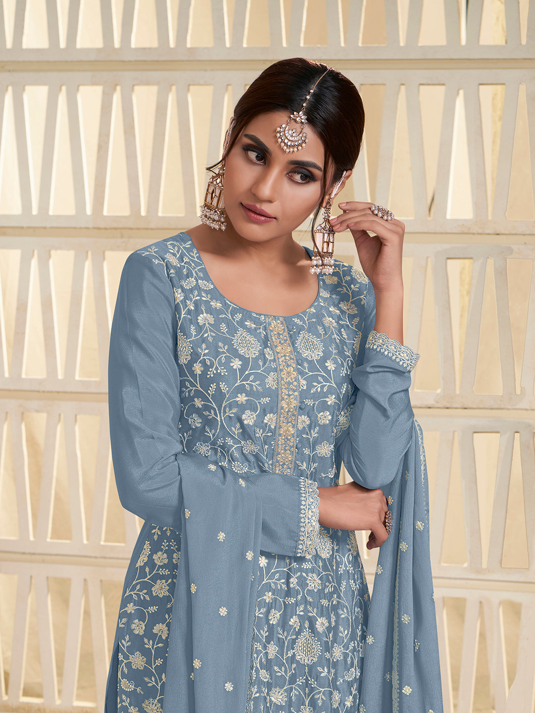 Sky Blue Kurta Set Suit in White Thread Embroidered