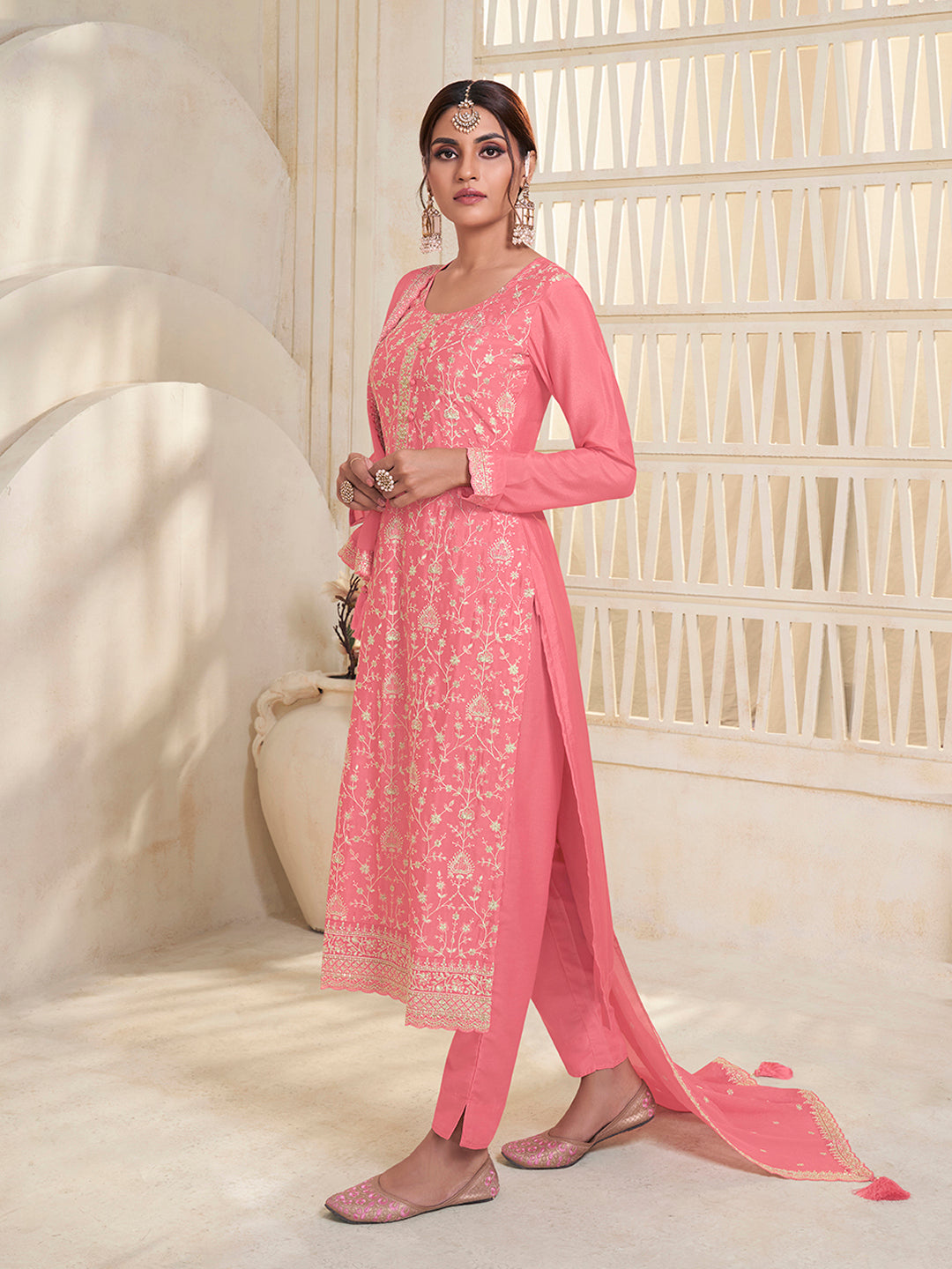 Peach White Thread Embroidered Kurta Suit Set