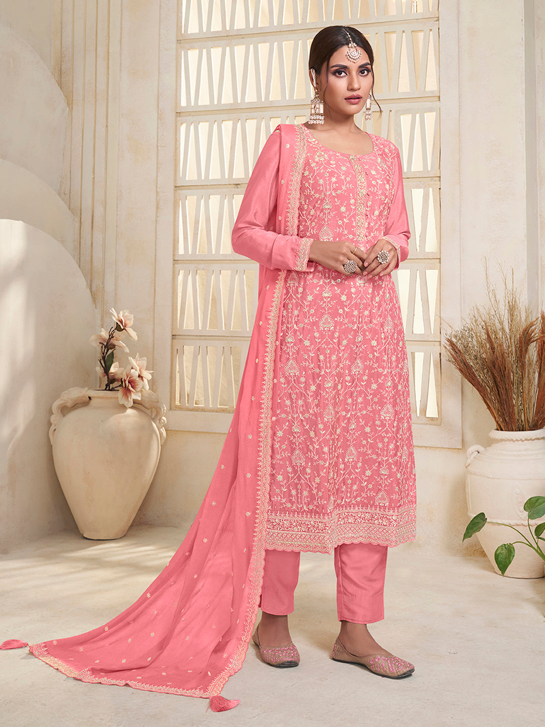 Peach White Thread Embroidered Kurta Suit Set