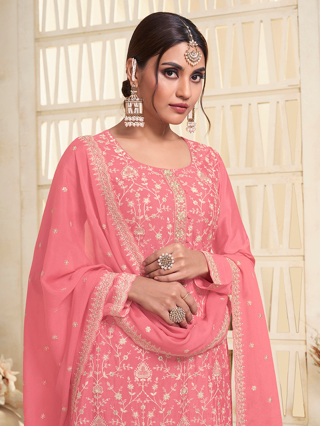 Peach White Thread Embroidered Kurta Suit Set
