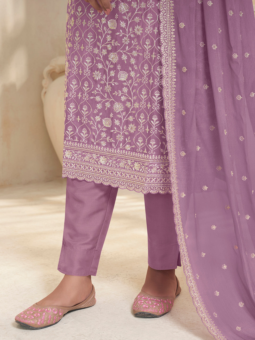 Lavender White Thread Embroidered Kurta Suit Set