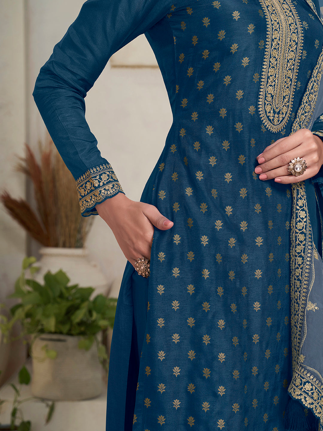 Blue Embroidered Kurta Set With Dola Jacquard and Heavy Sequins