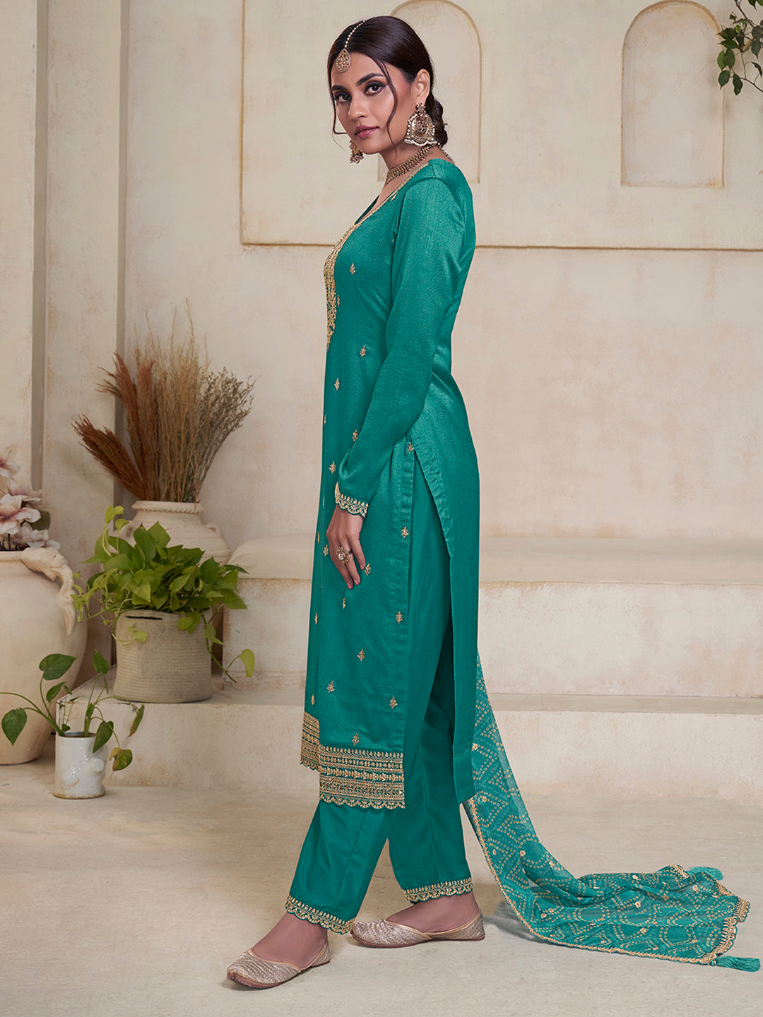 Sea Green Kurta Set Suit in Vichitra Sequins Embroidered