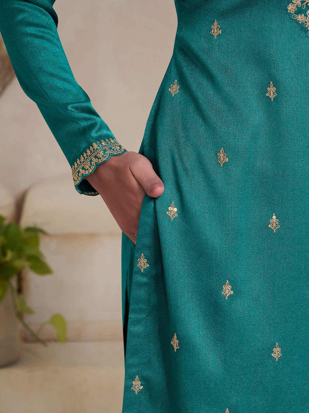 Sea Green Kurta Set Suit in Vichitra Sequins Embroidered
