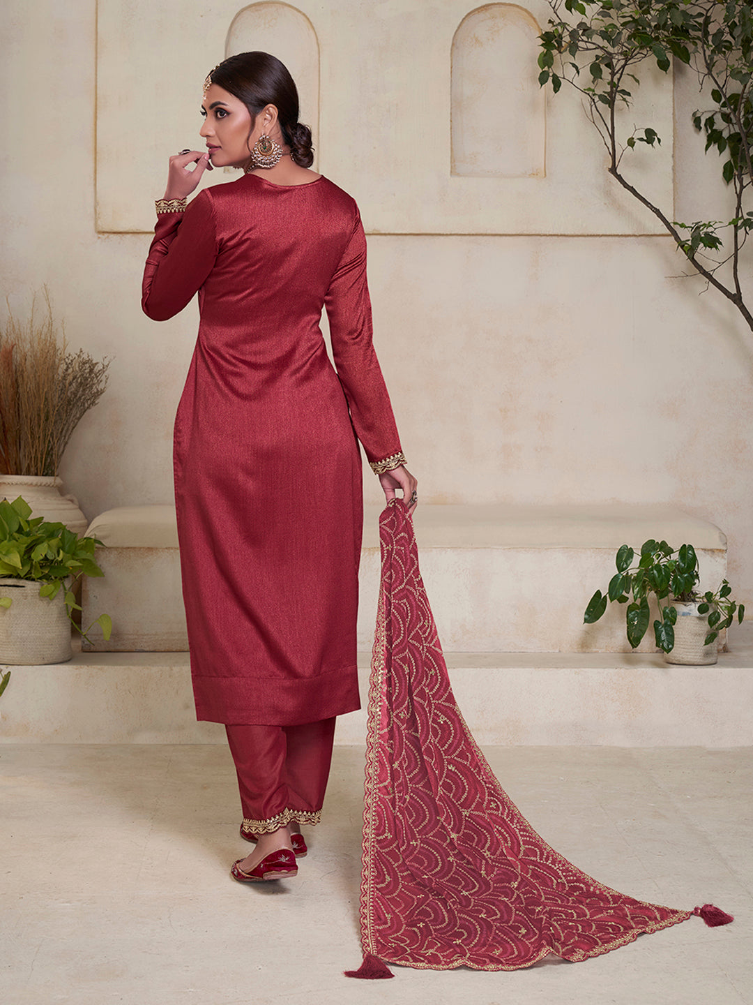 Dusty Red Vichitra Sequins Embroidered Kurta Suit Set