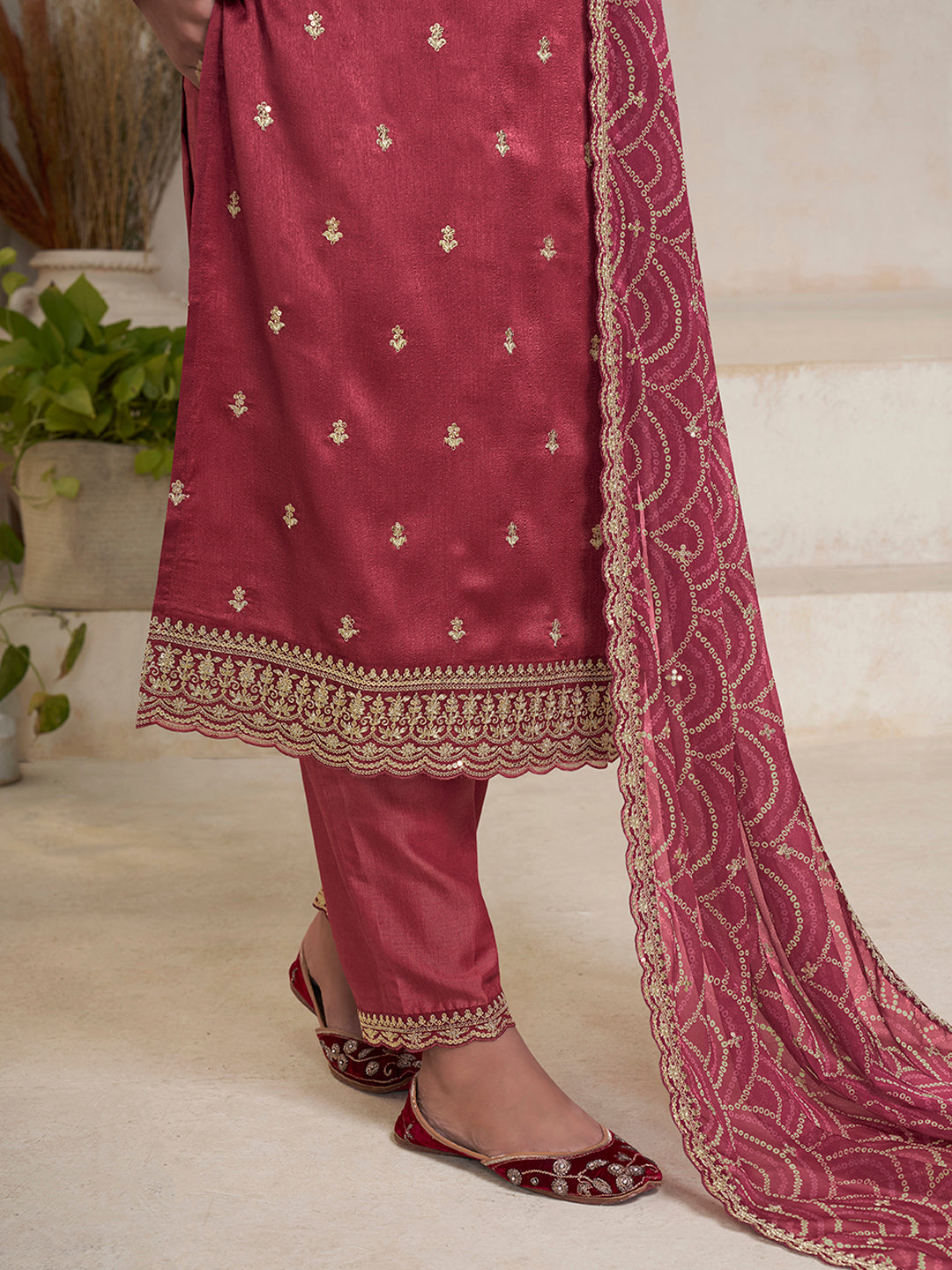 Dusty Red Vichitra Sequins Embroidered Kurta Suit Set