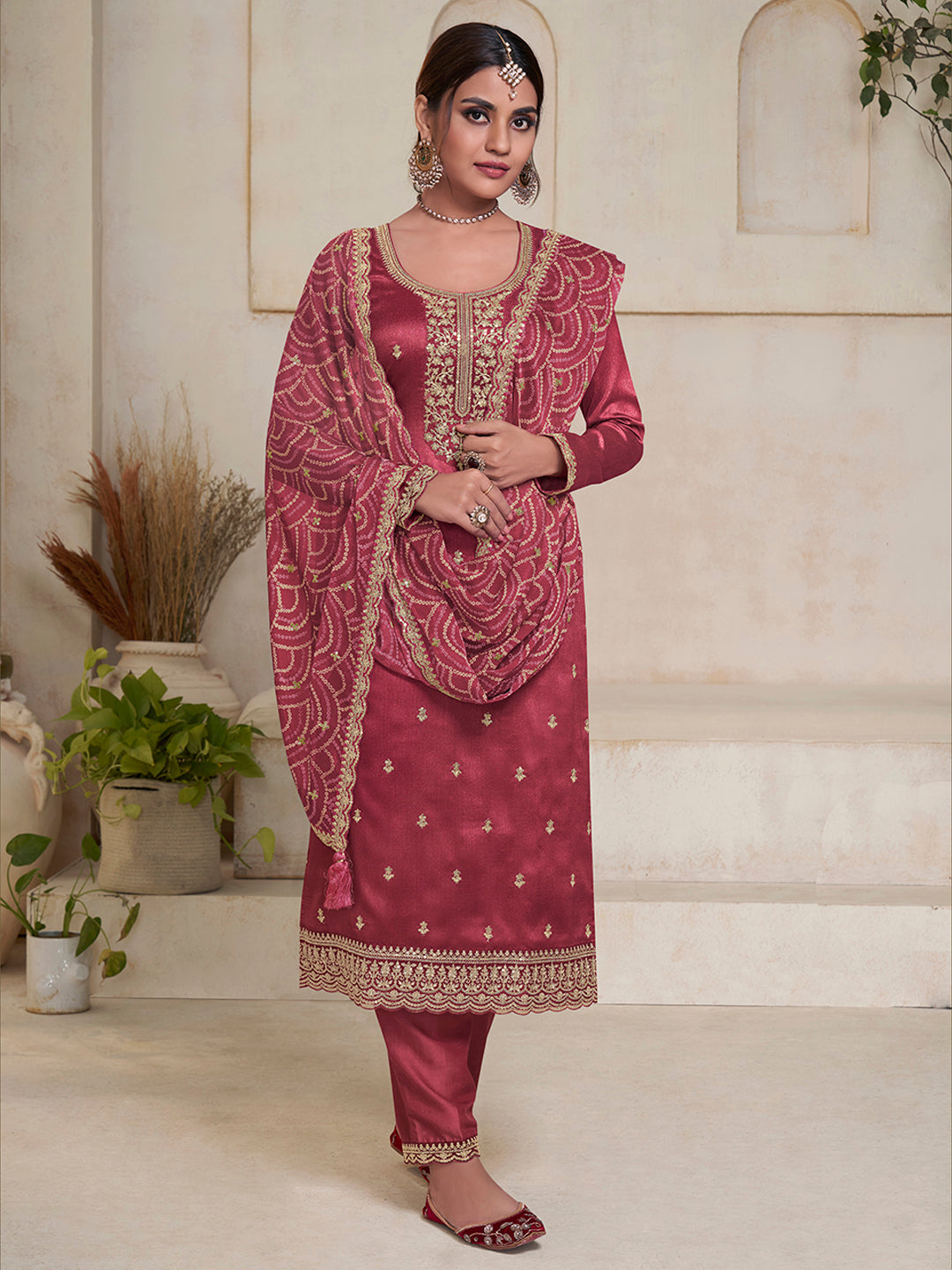 Dusty Red Vichitra Sequins Embroidered Kurta Suit Set