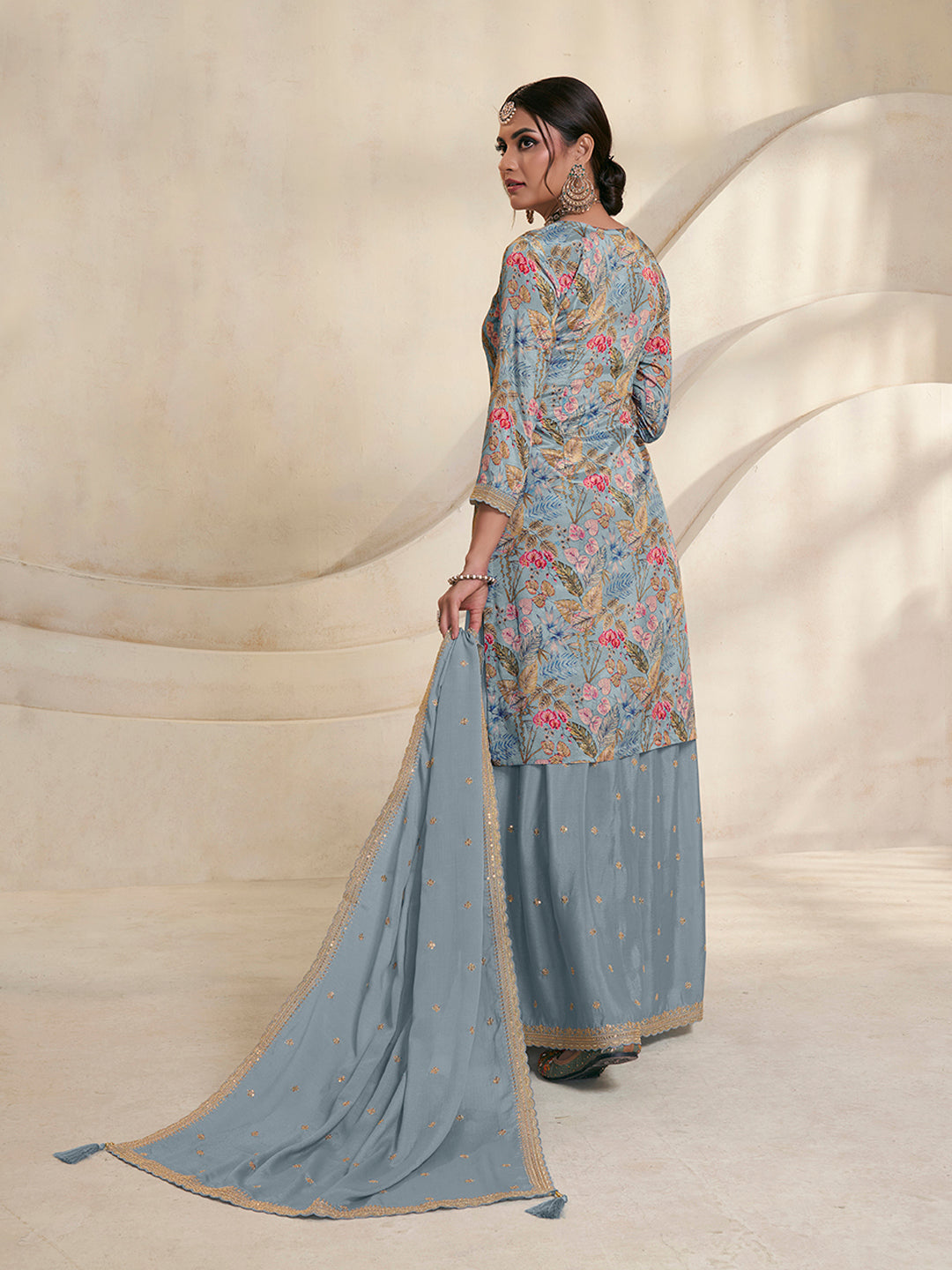 Light Blue Printed Sharara Suit Set in Chinon Digital Floral