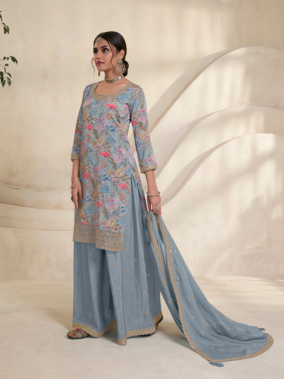 Light Blue Printed Sharara Suit Set in Chinon Digital Floral