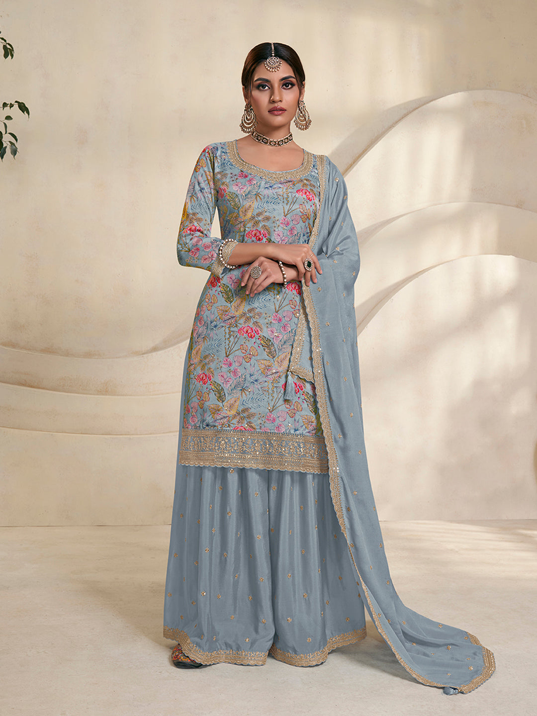 Light Blue Printed Sharara Suit Set in Chinon Digital Floral