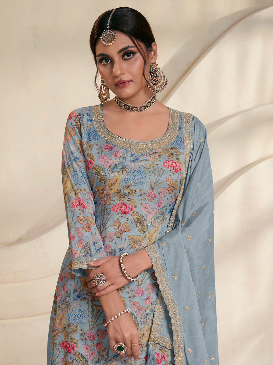Light Blue Printed Sharara Suit Set in Chinon Digital Floral