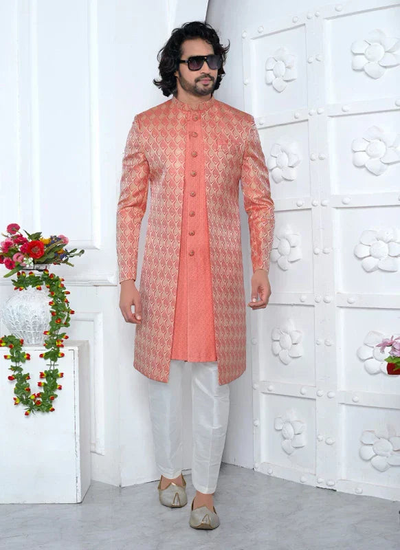 Men's Peach Pink Jacquard Silk Embroidery Indo Western Set