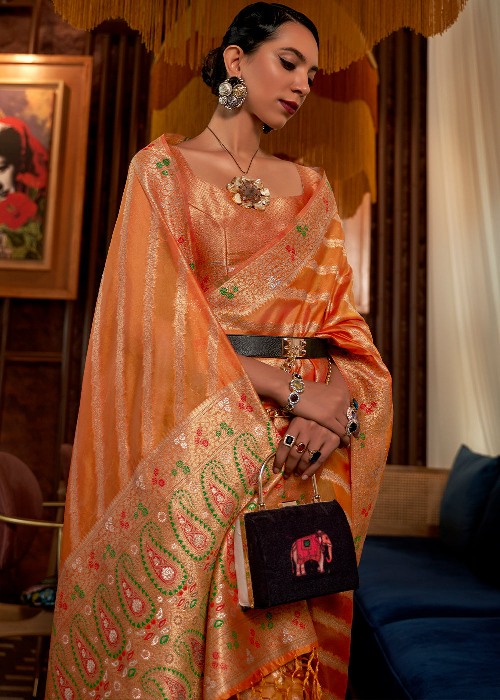 Pumpkin Orange Two Tone Meenakari Weaving Organza Silk Saree - qivii