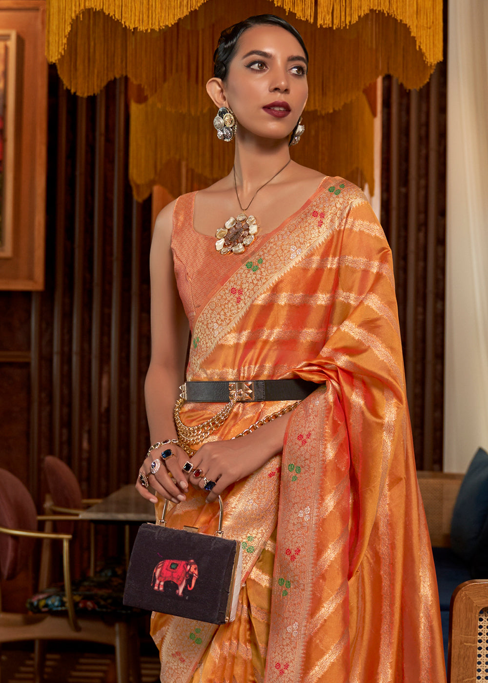 Pumpkin Orange Two Tone Meenakari Weaving Organza Silk Saree - qivii