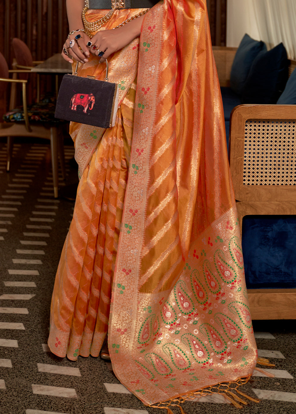 Pumpkin Orange Two Tone Meenakari Weaving Organza Silk Saree - qivii