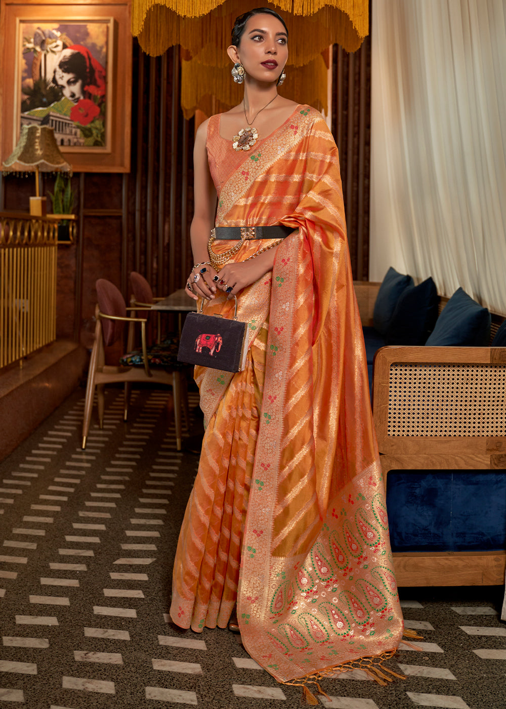 Pumpkin Orange Two Tone Meenakari Weaving Organza Silk Saree - qivii