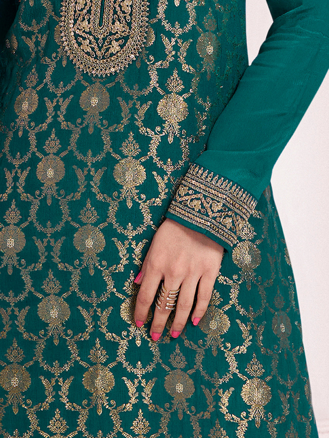 Green Chinon Fabric with Floral Jaal and Sequins Embroidery Kurta Suit Set