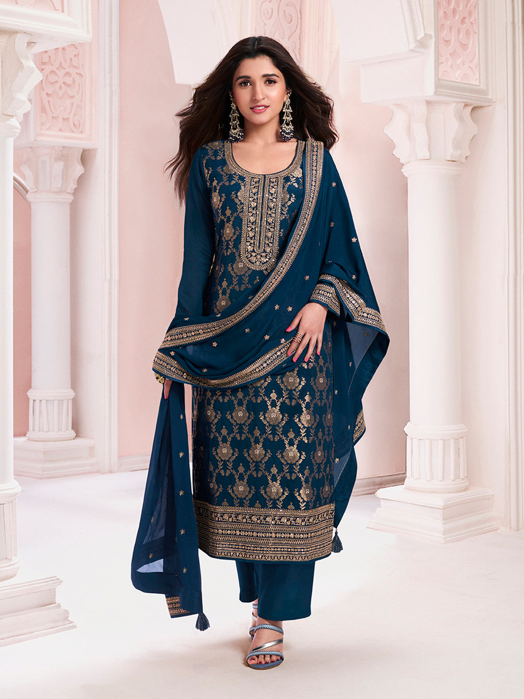 Navy Blue Chinnon Kurta Set with Floral and Sequins Embroidery - qivii