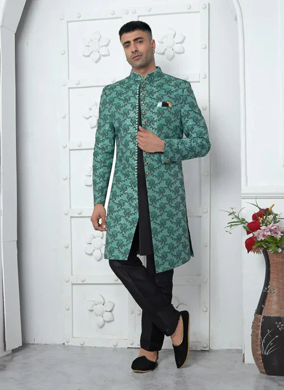 Men's Teal Green Jacquard Silk Embroidery Indo Western Set