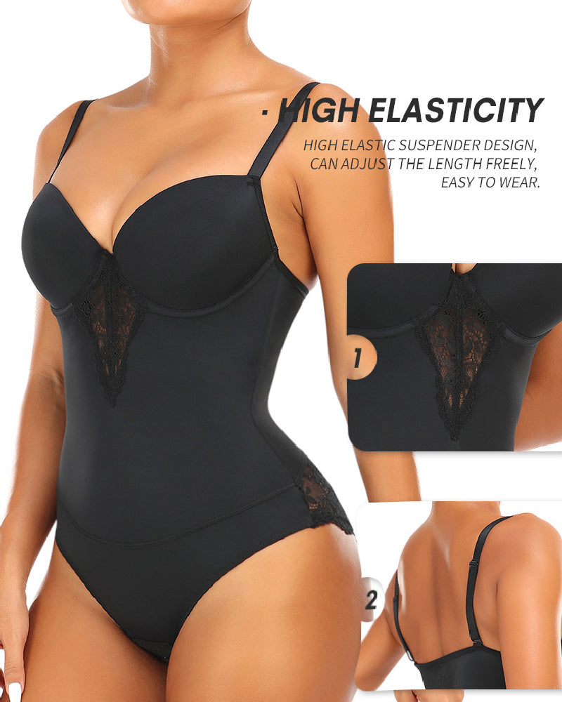Women's Low Back Bodysuit Lace Stitching Tummy Control Brief Shapewear With Built In Bra - By Qivii