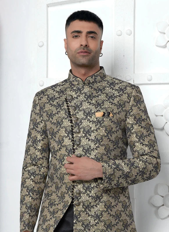 Men's Black Jacquard Silk Embroidery Indo Western Set