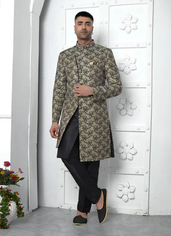 Men's Black Jacquard Silk Embroidery Indo Western Set