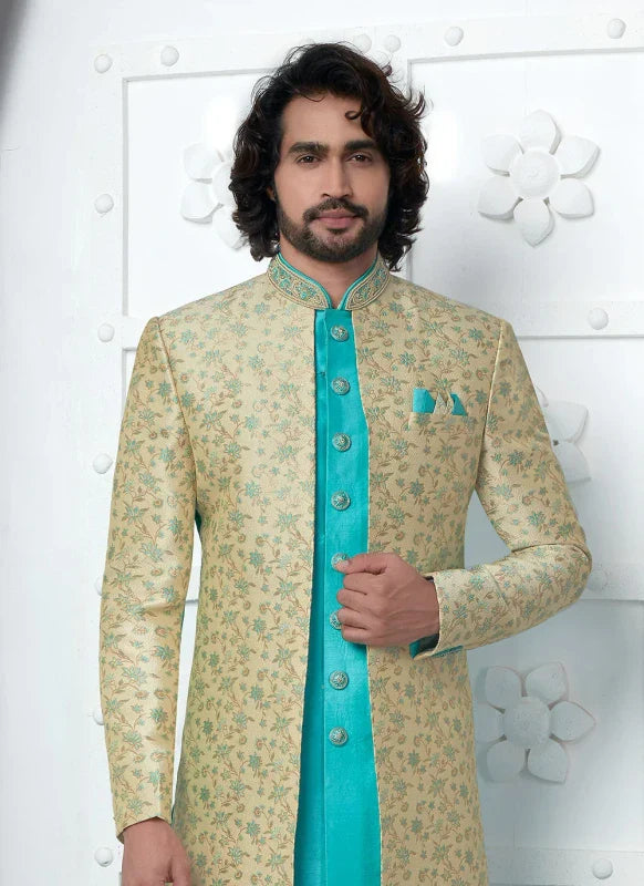 Men's Beige Pista Green Jacquard Silk Embroidery Indo Western Set