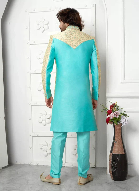 Men's Beige Pista Green Jacquard Silk Embroidery Indo Western Set