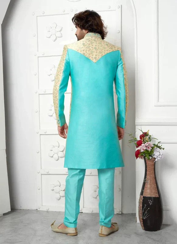 Men's Beige Pista Green Jacquard Silk Embroidery Indo Western Set