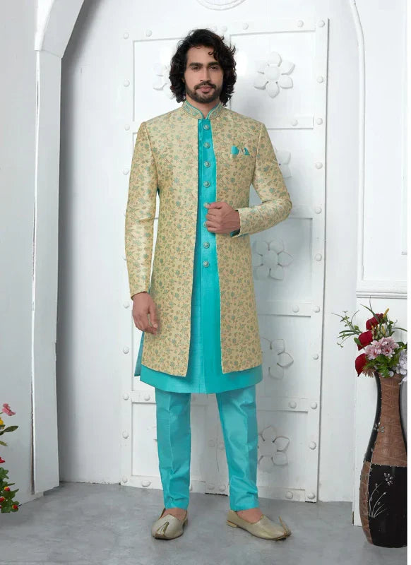 Men's Beige Pista Green Jacquard Silk Embroidery Indo Western Set