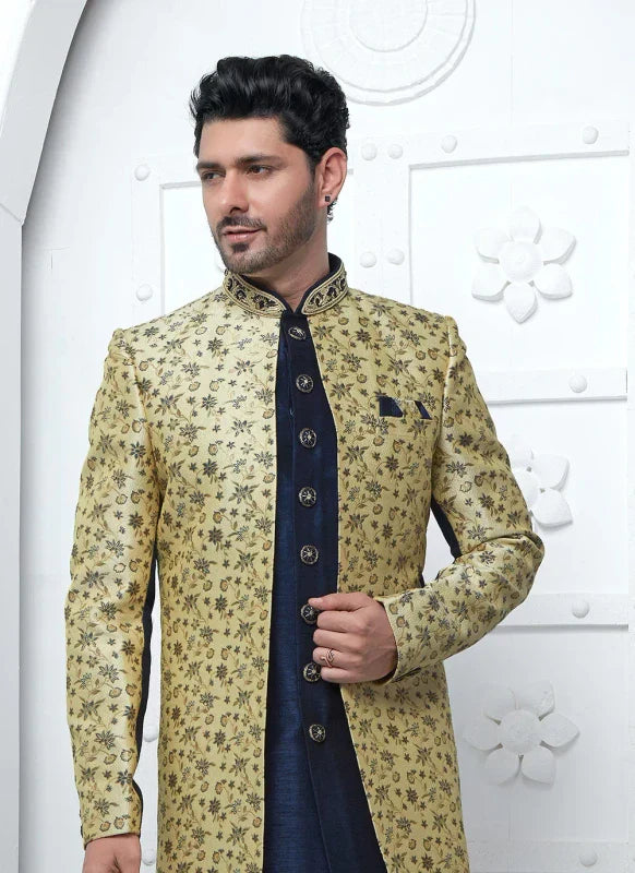 Men's Beige Blue Jacquard Silk Embroidery Indo Western Set