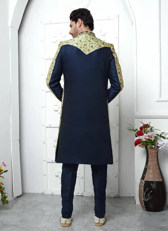 Men's Beige Blue Jacquard Silk Embroidery Indo Western Set