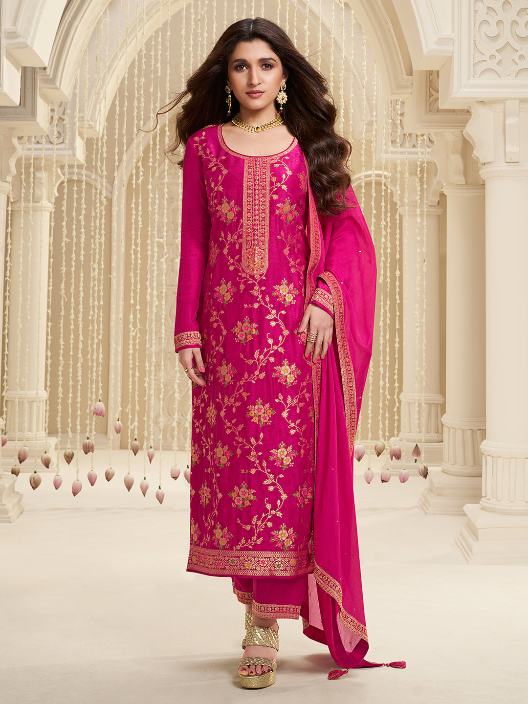 Hot Pink Meena Jacquard Kurta Suit Set - qivii