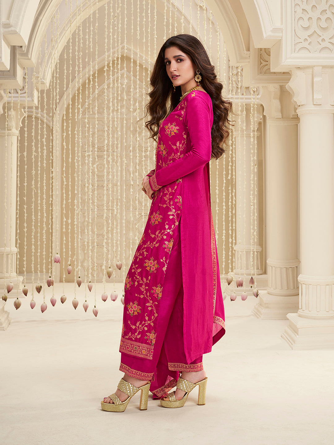 Hot Pink Meena Jacquard Kurta Suit Set - qivii