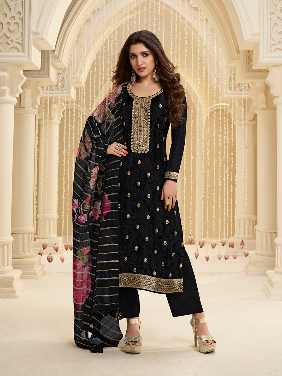 Black Dola Ethic Motifs Jacquard Kurta Suit Set - qivii