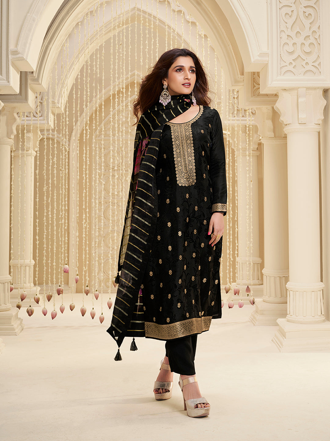 Black Dola Ethic Motifs Jacquard Kurta Suit Set - qivii