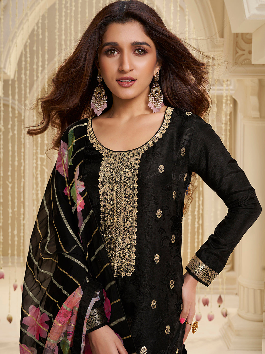 Black Dola Ethic Motifs Jacquard Kurta Suit Set - qivii
