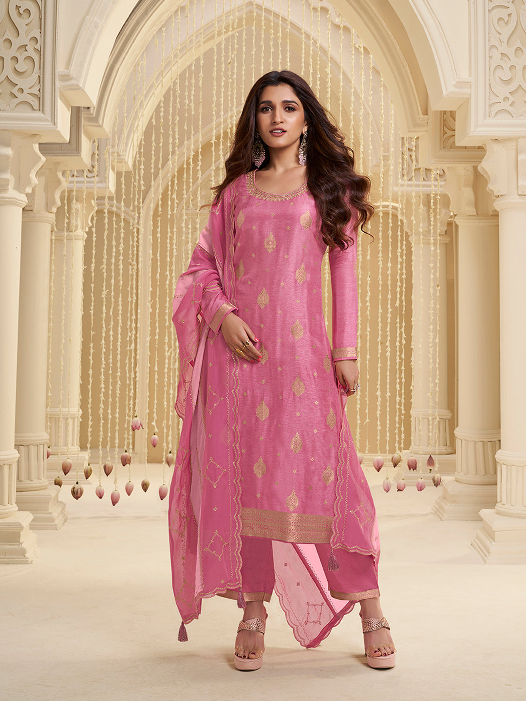 Pink Dola Ethic Motifs Jacquard with Embroidered Kurta Suit Set. - qivii