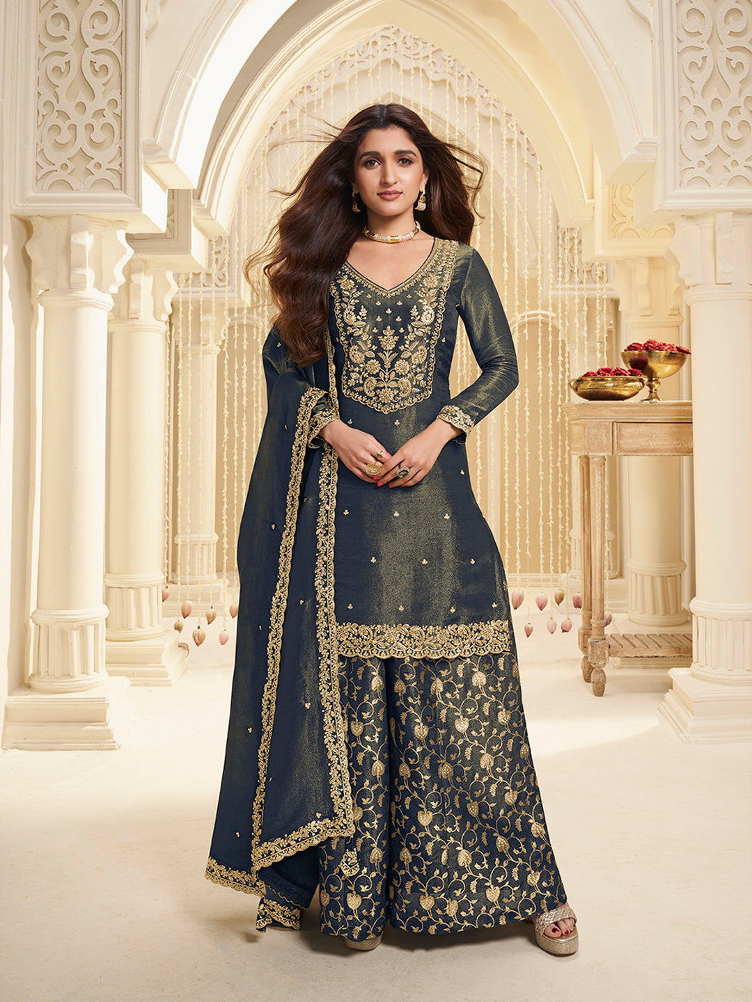 Blue Viscose Tissue with Pitta work Sharara Suit Set - qivii