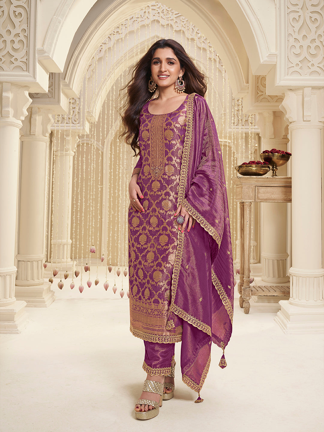 Purple Tissue Shimmer Jacquard Kurta Suit Set - qivii