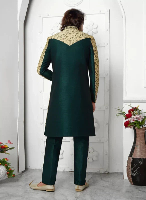 Men's Beige Green Jacquard Silk Embroidery Indo Western Set